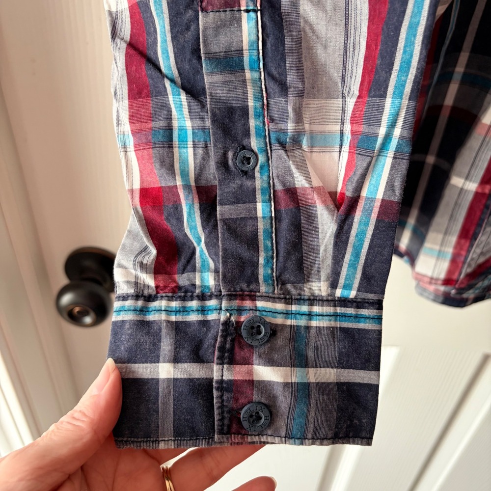 Helix Mens Large Athletic Fit Plaid Button Down Shirt Navy Red Long Sleeve - Picture 3 of 8